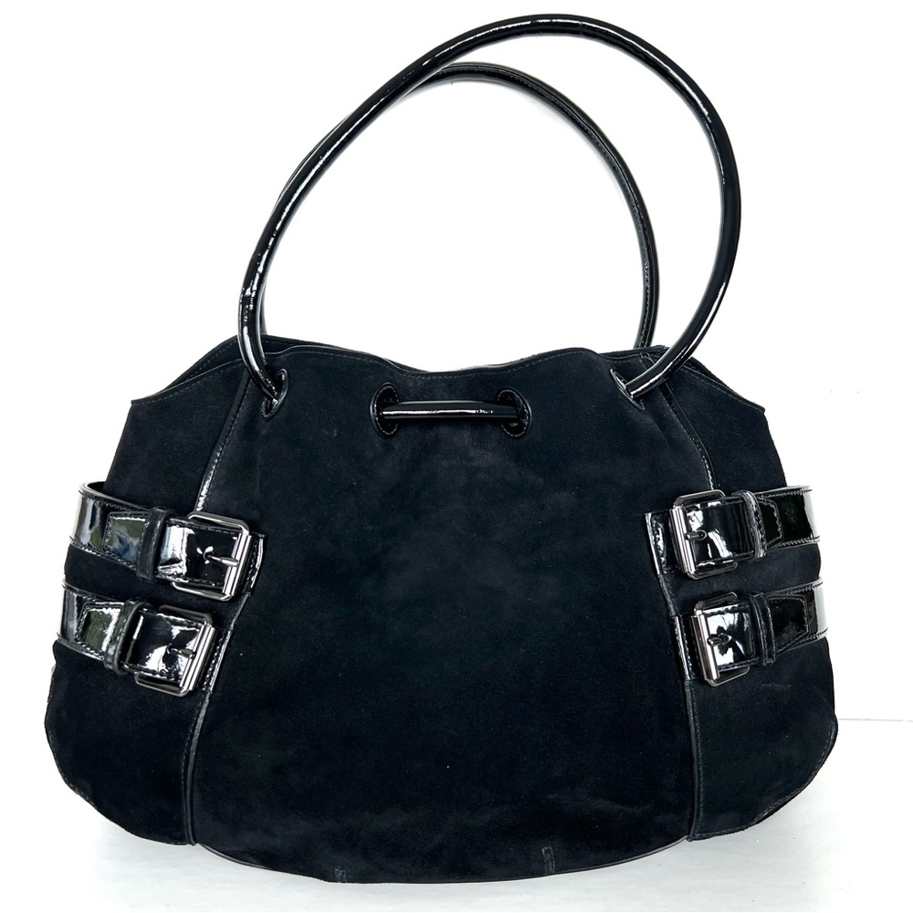 COLE HAAN Black Suede w Patent Leather Side Buckle Pockets Shoulder Bag Tote - Picture 3 of 14